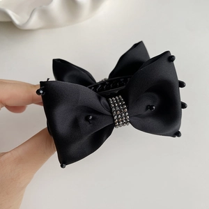 Elegant large black satin bow hair claw clip with rhinestones and black bead trim