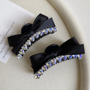 Elegant Black Grosgrain Ribbon Bow Hair Claw Clip With Rhinestone Heart Flower Butterfly Charms For Women Sweet Hair Accessories