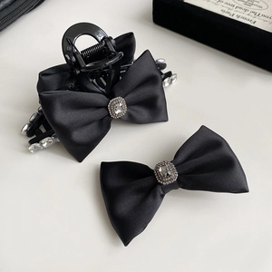 Elegant Satin Bow Hair Claw Clip French Retro Rhinestone Duckbill Clip Black Ribbon Hairpin For Women Hair Accessories