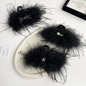 Elegant Vintage Black Feather Hair Claw Clip Large Rhinestone Artificial Pearl Bow Styling Accessory For Women Sophisticated Evening Party Headwear