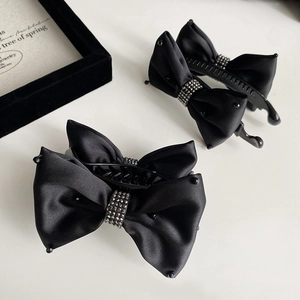 Elegant Black Satin Bow Banana Clip For Women Rhinestone Hair Claw Fastener Fashion Hair Accessories For Daily Dating Party