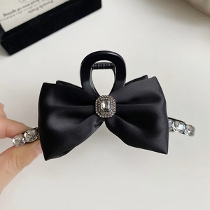 Elegant black satin bow hair claw clip with crystal center for women French style