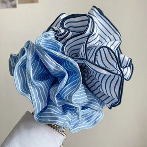 Blue and white striped chiffon scrunchies set with wavy edges for women's hairstyles