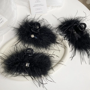 Large black feather hair claw clips with crystal and pearl accents for thick hair