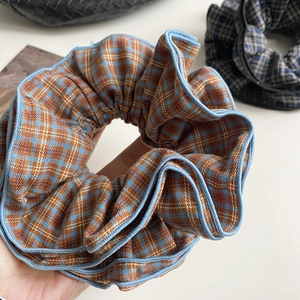 Retro orange and blue plaid four-layer oversized scrunchie for elegant bun hairstyles