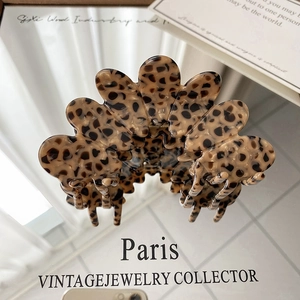 French vintage large leopard print hair claw clip with elegant gloss for thick hair