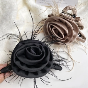 Large Rose Flower Hair Claw Clip With Satin Fabric And Feather Vintage French Romantic Hair Accessories For Women Wedding Party