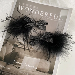 Detail of two black ostrich feather hair clips with sparkling rhinestones on a magazine