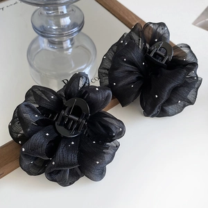 Elegant black mesh flower hair claw clips with silver beads for women's hair styling