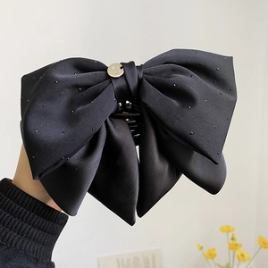 Pince à Cheveux Nœud en Satin Noir Élégante Pour Femmes Grand Clip Queue de Cheval Avec Strass Et Étiquette Métallique Dorée