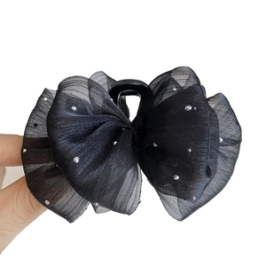 Elegant black tulle bow hair claw clip with silver rhinestones for women hair styling