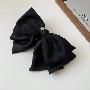 Détail macro de la pince à cheveux ruban noir avec cristaux et emblème argenté