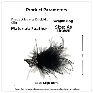 Detail view of black feather hair clip with rhinestones and bow, sized 8cm by 4cm