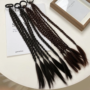 Close-up of four 45cm braided synthetic hair rings in dark brown and natural black