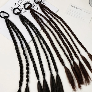 Close-up of black and dark brown synthetic braided hair extensions on elastic bands