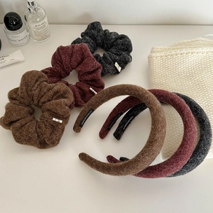 Winter plush fabric hair scrunchies and thick headbands set in brown red and grey