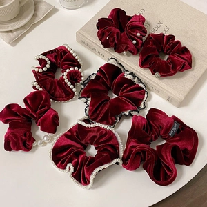 French Vintage Wine Red Velvet Scrunchie For Women Elegant Faux Artificial Pearl Lace Edge Large Hair Tie Hair Accessories