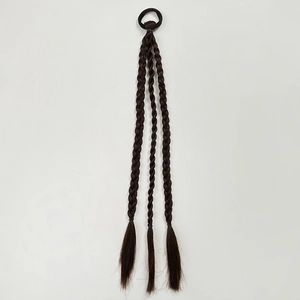 Close-up of 45cm dark brown synthetic braided pigtail extensions with black elastic band
