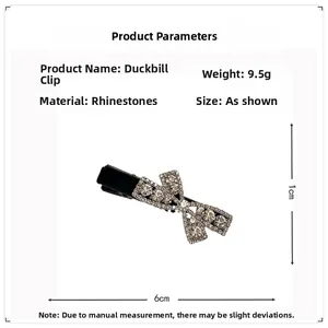 Detailed view of rhinestone bow hair clip showing 6cm length and 9.5g weight specs