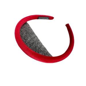 Classic red velvet headband with warm gray fleece lining and handmade label for women