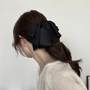 Elegant large black satin layered bow hair claw clip with beads for women hair styling