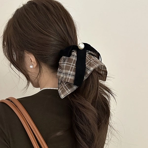 Vintage Plaid Bowknot Scrunchie Faux Artificial Pearl Velvet Ribbon Elegant Hair Elastic Korean Style Hair Tie Women Hair Accessories