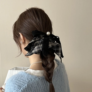 Brown plaid bow hair scrunchie with white pearl detail for elegant women's hairstyles