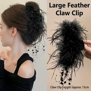Chic black feather hair claw clip with beads, 13cm shark clip for voluminous styling