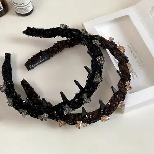 Sparkling sequin and crystal headband set in black and brown for high skull top hairstyle