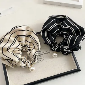 Elegant Stripe Satin Scrunchies French Style Large Hair Ties With Faux Artificial Pearl Pendant For Women Office Daily Accessories