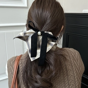 Plaid bow scrunchie with black velvet and pearl for women in a vintage autumn style