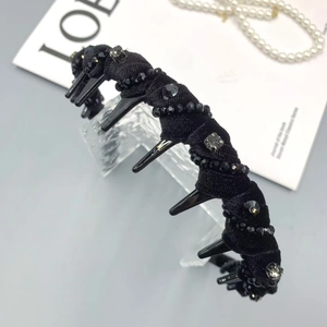 Cerchietto Nero con Perline e Strass Punk Gotico in Velluto con Punte Copricapo Antiscivolo Donna Accessori per Capelli