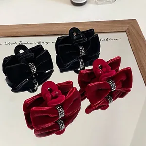 Elegant velvet bow hair clips with crystal rhinestones in black and burgundy colors