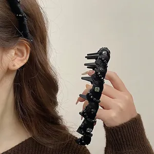 Elegante cerchietto nero con perline per donna con denti antiscivolo per acconciatura