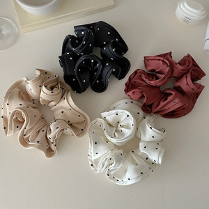 Korean Style Large Polka Dot Satin Scrunchie For Women Pleated Elastic Hair Tie Ponytail Holder Bun Accessory
