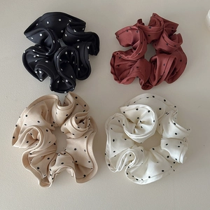 Set of four polka dot satin scrunchies in black, red, beige and white colors