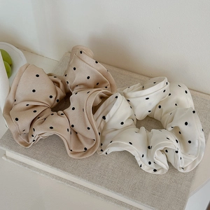 Polka dot oversized satin scrunchie set in cream and beige for elegant ponytails