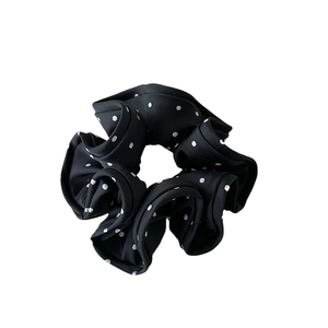 Black chiffon scrunchie with white polka dots featuring pleated design and high elasticity