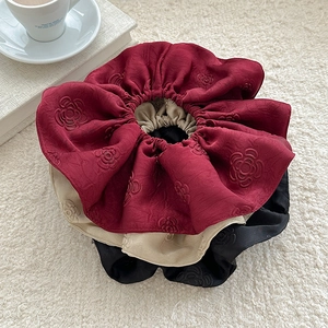 Three-piece set of elegant jacquard satin scrunchies in burgundy, beige and black