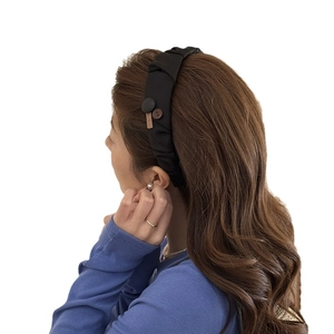 Elegant wide pleated fabric headband in black with vintage button and handmade label