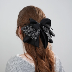 Elegant vintage floral and black satin layered bow hair clip for women ponytail style