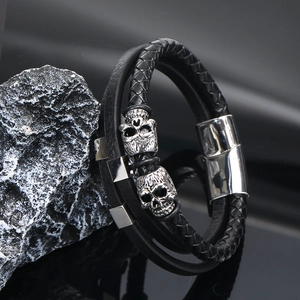 Men Punk Rock Multi-Layer Braided Leather Bracelet With Silver Alloy Skull Charms Gothic Vintage Magnetic Clasp Wristband