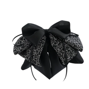 Elegant large black chiffon bow hair clip with vintage white floral print and ribbon