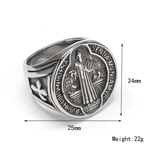 Vintage St. Benedict stainless steel ring for men with hip-hop punk medallion design