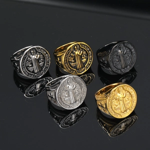 Saint Benedict Medal Ring Retro Titanium Steel Men Signet Ring Exorcism Religious Punk Gothic Cross Relief Finger Jewelry