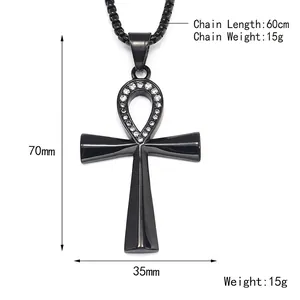 Vintage black stainless steel Ankh cross necklace for men with sparkling crystals