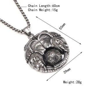 Pendentif éléphant et football vintage en acier avec chaîne à maillons carrés
