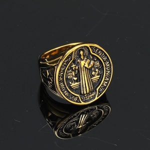 Vintage gold Saint Benedict exorcism signet ring in titanium steel for men with hip hop style