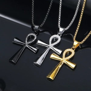 Retro Ankh cross necklaces in black, silver and gold with sparkling rhinestone details
