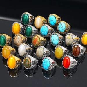 Anello in Acciaio al Titanio Vintage per Uomo Con Gemma Ovale Intarsiata Turchese Agata Pietra Occhio di Gatto Punk Hip Hop Gioielli